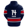 Custom sublimated hoodie in Red, Navy & White.
