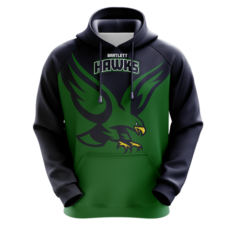Custom sublimated hoodie in green and navy blue.