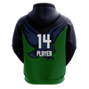 Custom sublimated hoodie in green and navy blue.